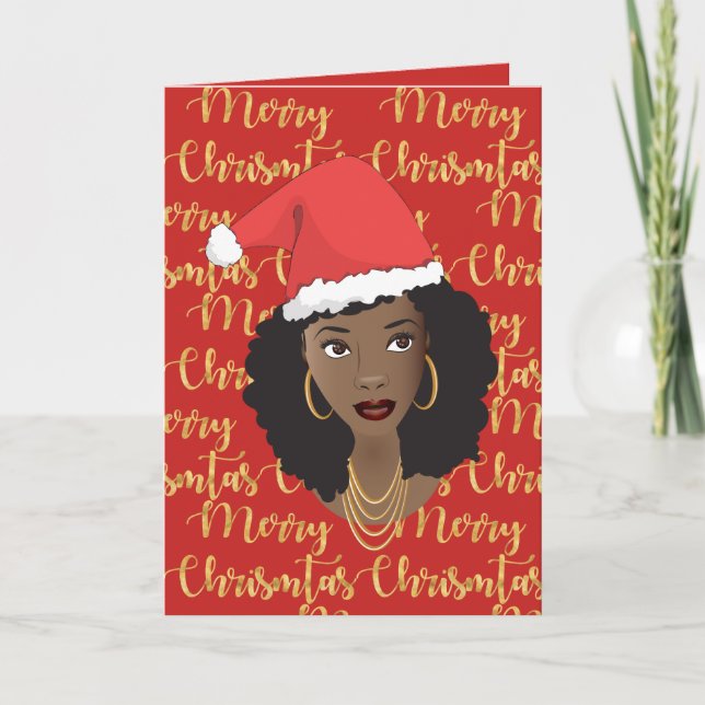 Tarjeta Feliz Navidad Oro y Rojo, Mujer Negra, Santa Hat (Anverso)