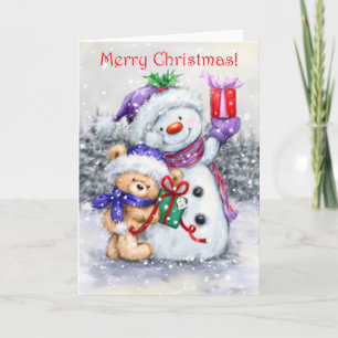 Tarjeta Feliz Navidad, oso dulce acariciado con Snowman