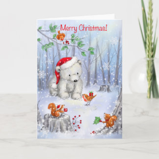 Tarjeta Feliz Navidad, oso polar en madera nevada