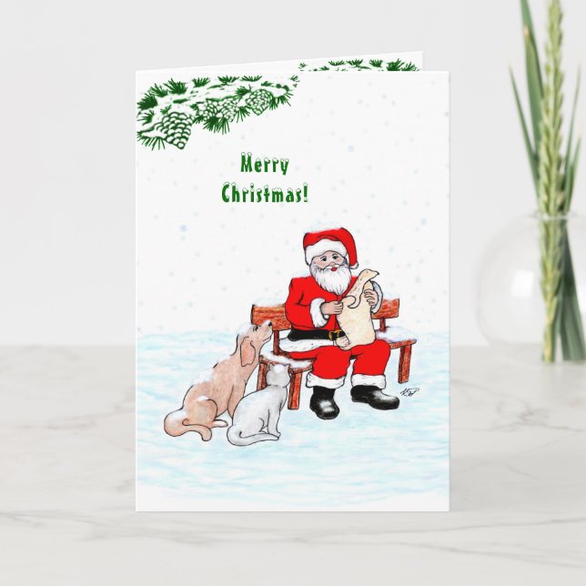Tarjeta ¡Feliz Navidad! Papá Noel con gato y perro (Anverso)