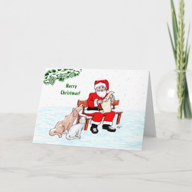 Tarjeta ¡Feliz Navidad! Papá Noel con gato y perro (Anverso)