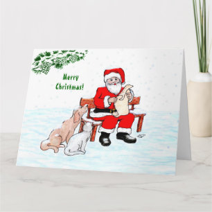 Tarjeta Feliz Navidad! Papá Noel con gato y perro