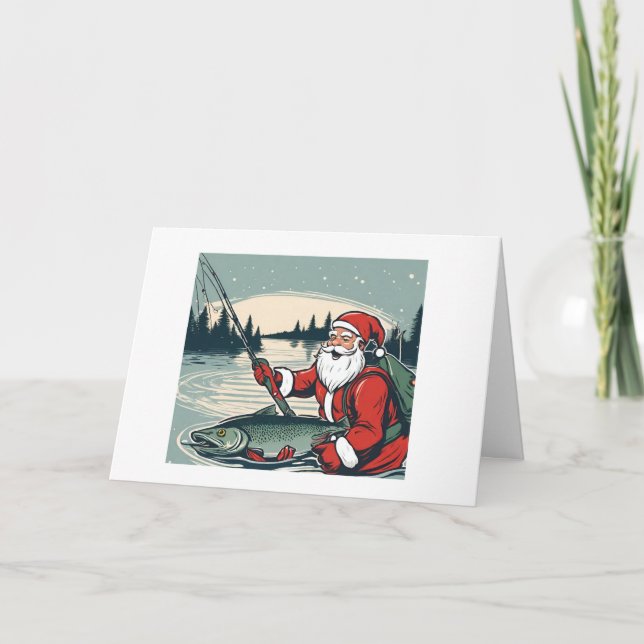 Tarjeta Feliz Navidad Papá Noel Pesca Pescado (Anverso)