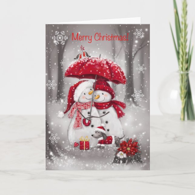 Tarjeta Feliz Navidad, pareja de Snowman con paraguas (Anverso)