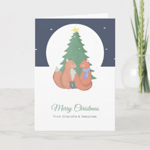 Tarjeta Feliz Navidad Pareja de Zorro Lindo y Árbol