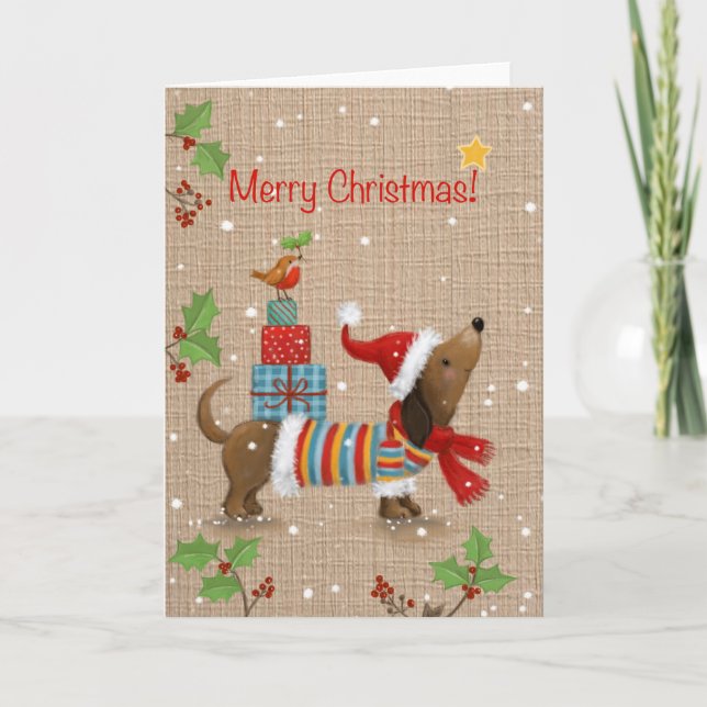 Tarjeta Feliz Navidad, perro con regalos a la espalda (Anverso)