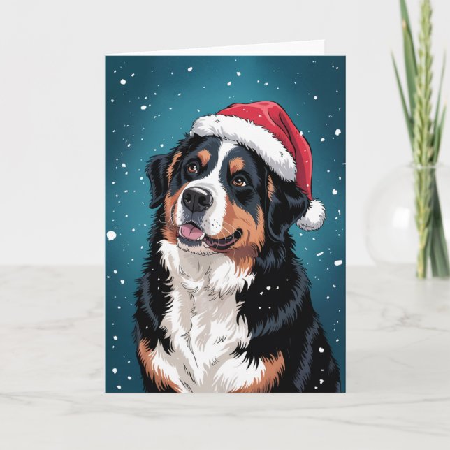 Tarjeta Feliz Navidad Perro de Montaña Bernés en Santa (Anverso)