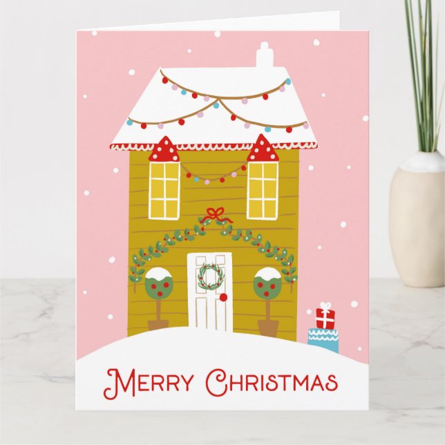Tarjeta Feliz Navidad Pink Gingerbread House Card (Anverso)