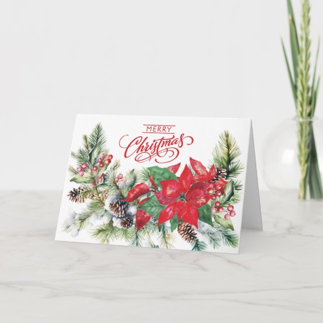 Tarjeta Feliz Navidad - Poinsettia, Boughes, Berries (Anverso)