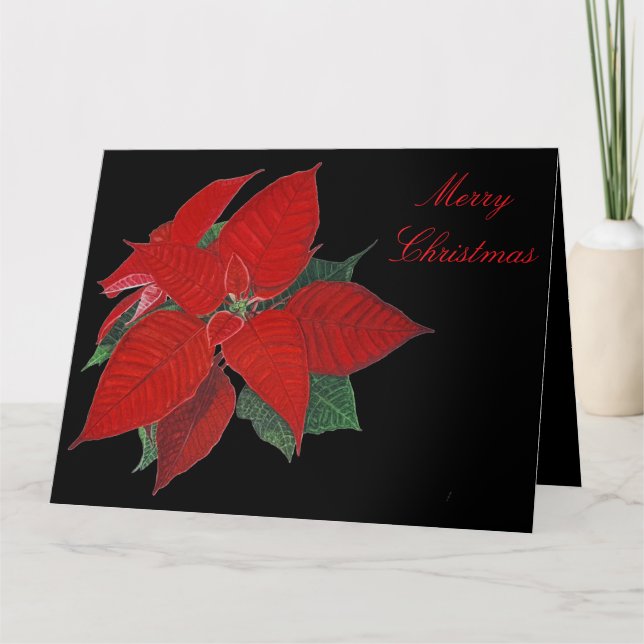 Tarjeta Feliz Navidad Poinsettia en el saludo negro (Anverso)