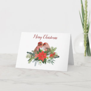 Tarjeta Feliz Navidad Poinsettia y dos Aves Rojas