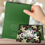 Tarjeta Feliz Navidad Poinsettias<br><div class="desc">Feliz Navidad en un fondo de puntitis blancos,  hojas y bayas en negro aparecen en estas tarjetas de felicitación plegadas de los Navidades de vacaciones. COINCIDIENDO elementos de nuestra colección.</div>