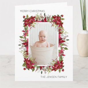 Tarjeta Feliz Navidad Poinsettias Rojas Follaje Blanco