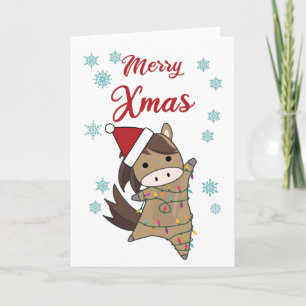 Tarjeta Feliz Navidad Ponny Horse Nieve Hadas Luces Animal