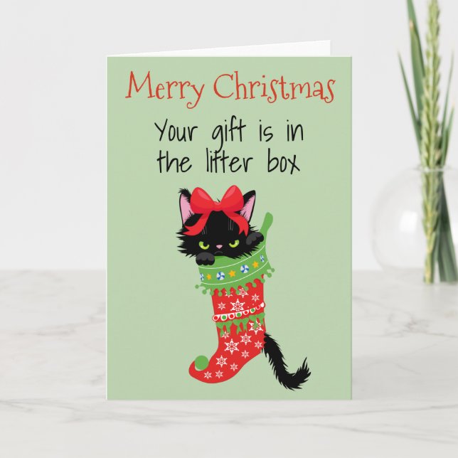 Tarjeta Feliz Navidad por regalo de gato en caja de basura (Anverso)
