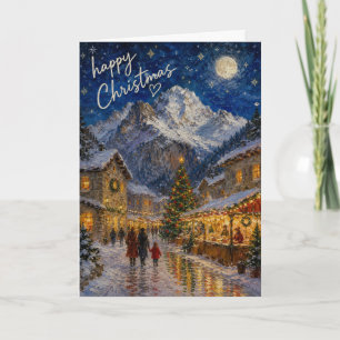 Tarjeta Feliz Navidad Pueblo Europeo Nevado Saludo