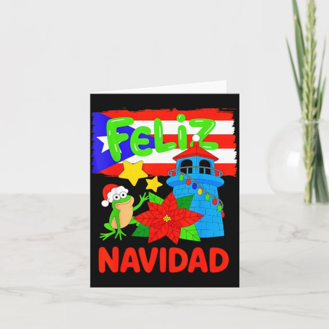 Tarjeta Feliz Navidad Puerto Rico Flag Floral Frog Boricua (Anverso)