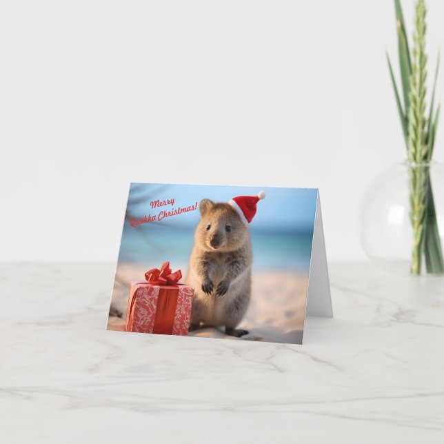 Tarjeta Feliz Navidad Quokka con el Gorra de Santa Claus - (Anverso)