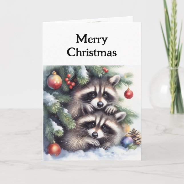 Tarjeta Feliz Navidad Raccoons bajo el árbol (Anverso)