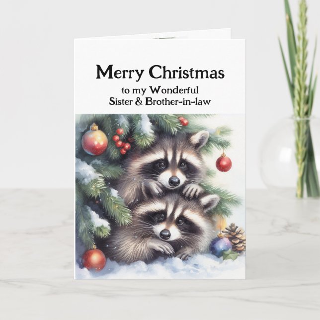 Tarjeta Feliz Navidad Raccoons Hermana y cuñado (Anverso)