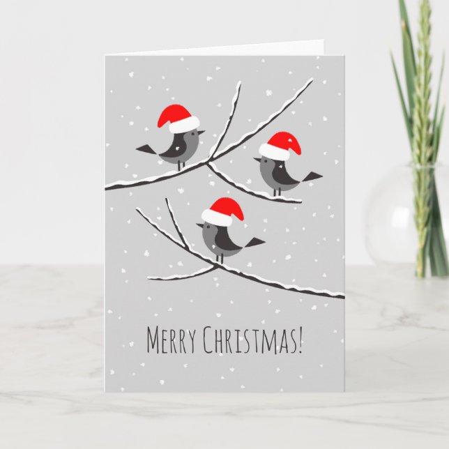 Tarjeta Feliz Navidad Red Santa Hat Birds (Anverso)