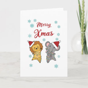 Tarjeta Feliz Navidad, regalo de león de nieve, plato de i