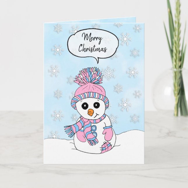 Tarjeta Feliz Navidad, rosa y hombre de nieve azul (Anverso)