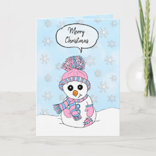 Tarjeta Feliz Navidad, rosa y hombre de nieve azul