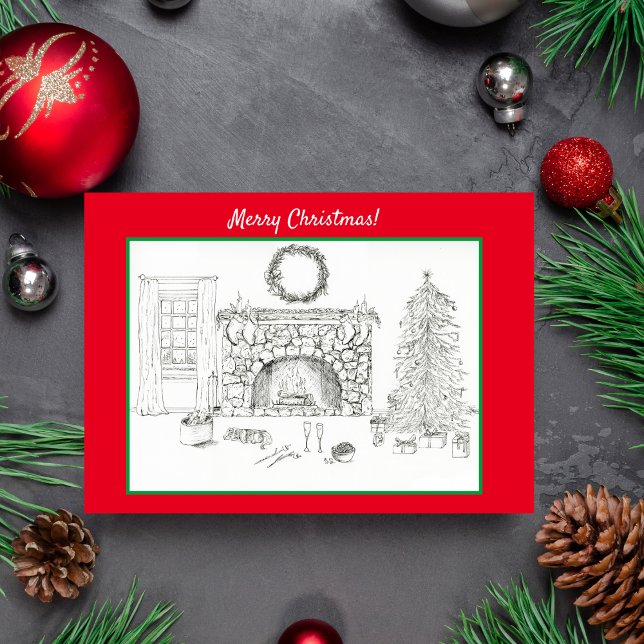 Tarjeta Feliz Navidad Sala de estar acogedora con Cavalier (A homewarming Christmas card.)