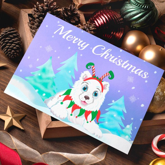 Tarjeta Feliz Navidad Samoyed con Diadema de Duende Tarjet (Subido por el creador)
