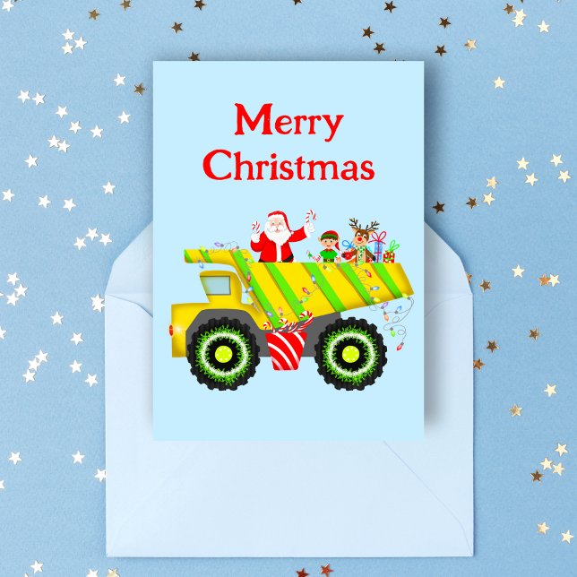 Tarjeta Feliz Navidad Santa En Volquete Elfo, Reno (Cheerful dump truck scene: Santa, Elf & Rudolph spread holiday joy. Perfect for dump truck-loving.)