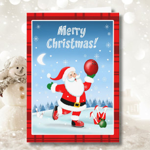 Tarjeta Feliz Navidad Santa Jugando Bolos Felizmente