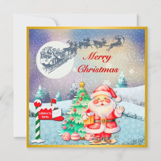 Tarjeta Feliz Navidad Santa, Sleigh, reno, copo de nieve (Anverso)