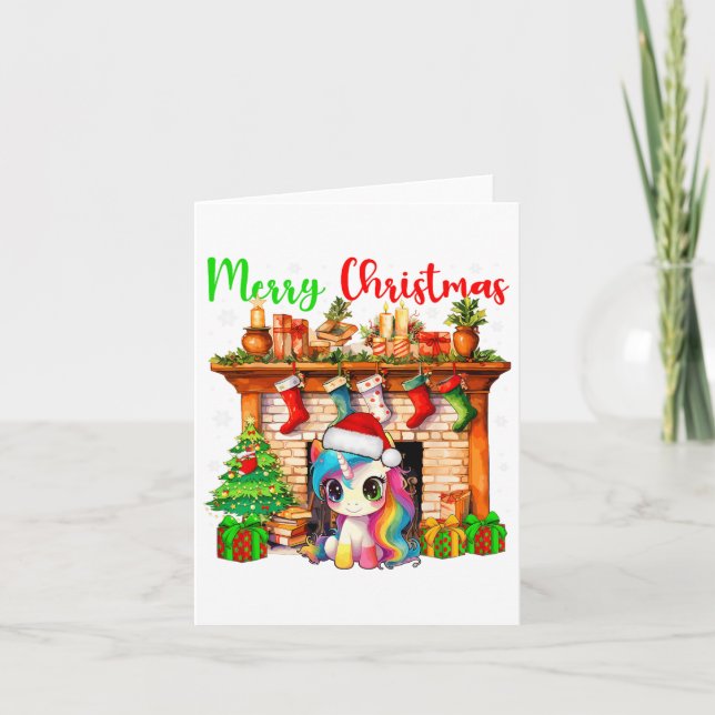 Tarjeta Feliz Navidad Santa Unicornio Símbolos navideños c (Anverso)