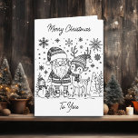 Tarjeta Feliz Navidad | Santa y los renos<br><div class="desc">Navidades con páginas coloreadas. Las páginas de colores son un Santa y un reno con muñecos de nieve y copos de nieve en la parte delantera. El interior tiene una vela linda,  una bayeta y bayas.</div>