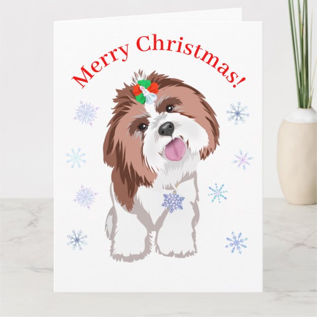 Tarjeta Feliz Navidad Shih Tzu Con Perro Copo de Nieve  (Anverso)