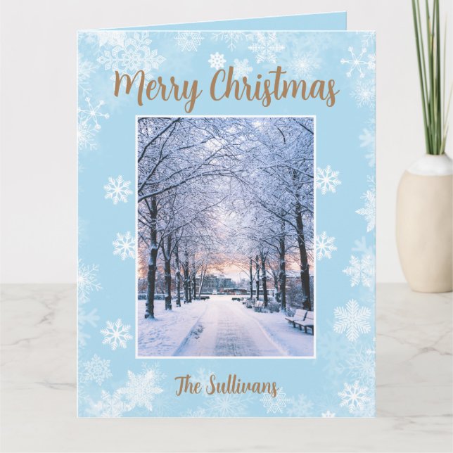 Tarjeta Feliz Navidad Snowflakes Gold Script Cuatro fotos (Anverso)