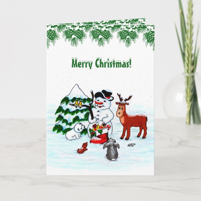 Tarjeta ¡Feliz Navidad! Snowman con sus amigos (Anverso)