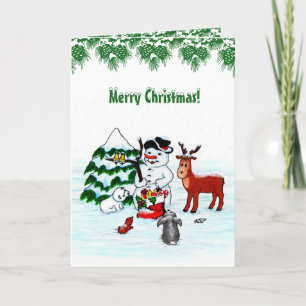 Tarjeta ¡Feliz Navidad! Snowman con sus amigos