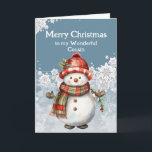 Tarjeta Feliz Navidad Snowman Cousin<br><div class="desc">La sonrisa de un muñeco de nieve,  tan cálida y brillante,  igual que nuestra amistad,  pura alegría. Feliz Navidad,  mi querido primo,  que nuestra risa nunca termine.</div>