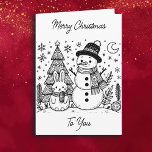 Tarjeta Feliz Navidad | Snowman y Bunny<br><div class="desc">Navidades con páginas coloreadas. Las páginas de colores son un muñeco de nieve y un conejito con árboles de Navidad,  la luna y copos de nieve en el frente. En el interior hay un Santa y reno adorables.</div>