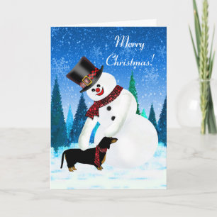 Tarjeta Feliz Navidad Snowman y Dachshund