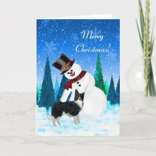Tarjeta Feliz Navidad, Snowman y el collie de la frontera