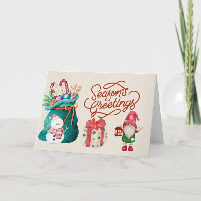 Tarjeta Feliz Navidad Snowman y Gnome (Anverso)
