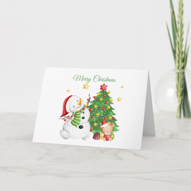 Tarjeta Feliz Navidad Snowman y Teddy Bear (Anverso)