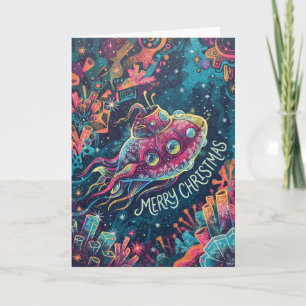 Tarjeta Feliz Navidad Submarino Psicodélico