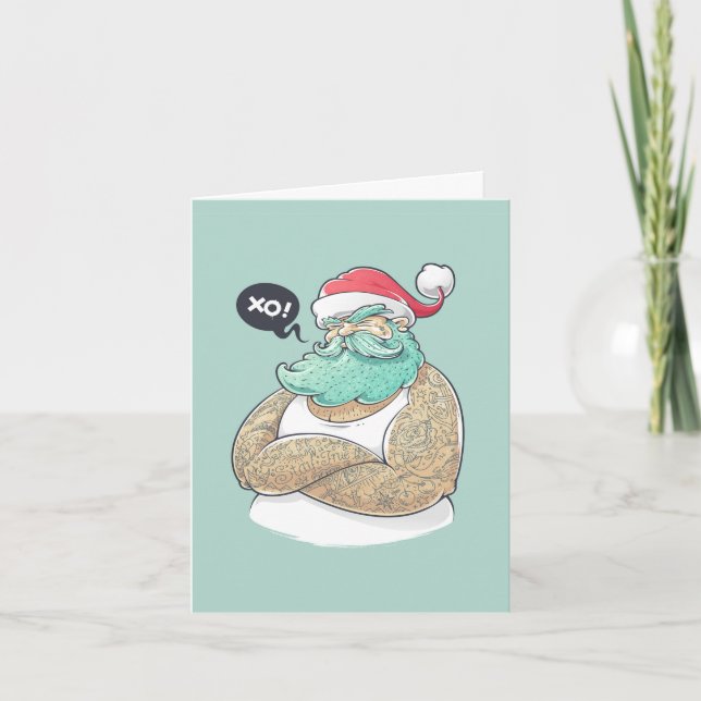 Tarjeta Feliz Navidad Tatuaje Santa Claus XOXO (Anverso)