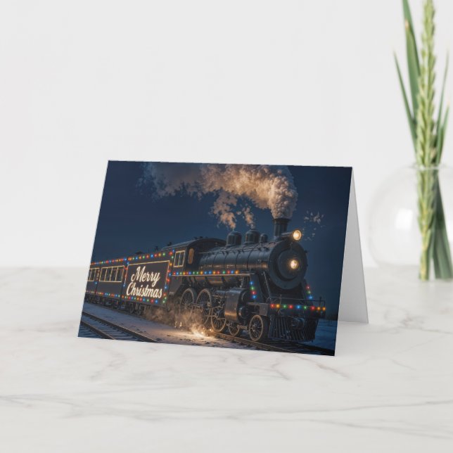 Tarjeta Feliz Navidad Tren Antiguo en la Nieve (Anverso)