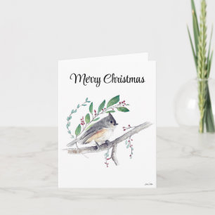 Tarjeta Feliz Navidad Tufted Titmouse Bird Holiday Card
