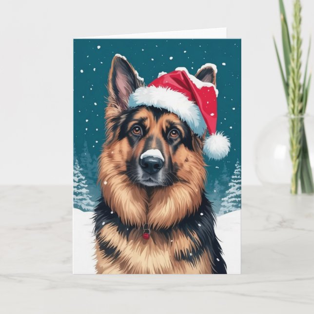 Tarjeta Feliz Navidad Un perro pastor alemán en Santa Clau (Anverso)